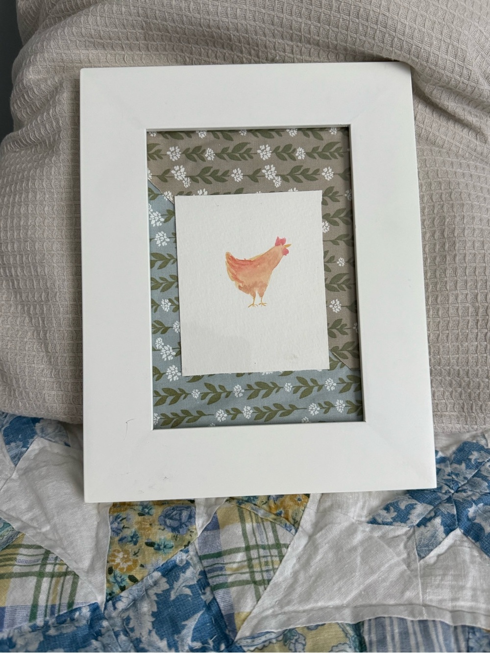 Framed Chicken Watercolor Art — White Frame, Pastel Accents